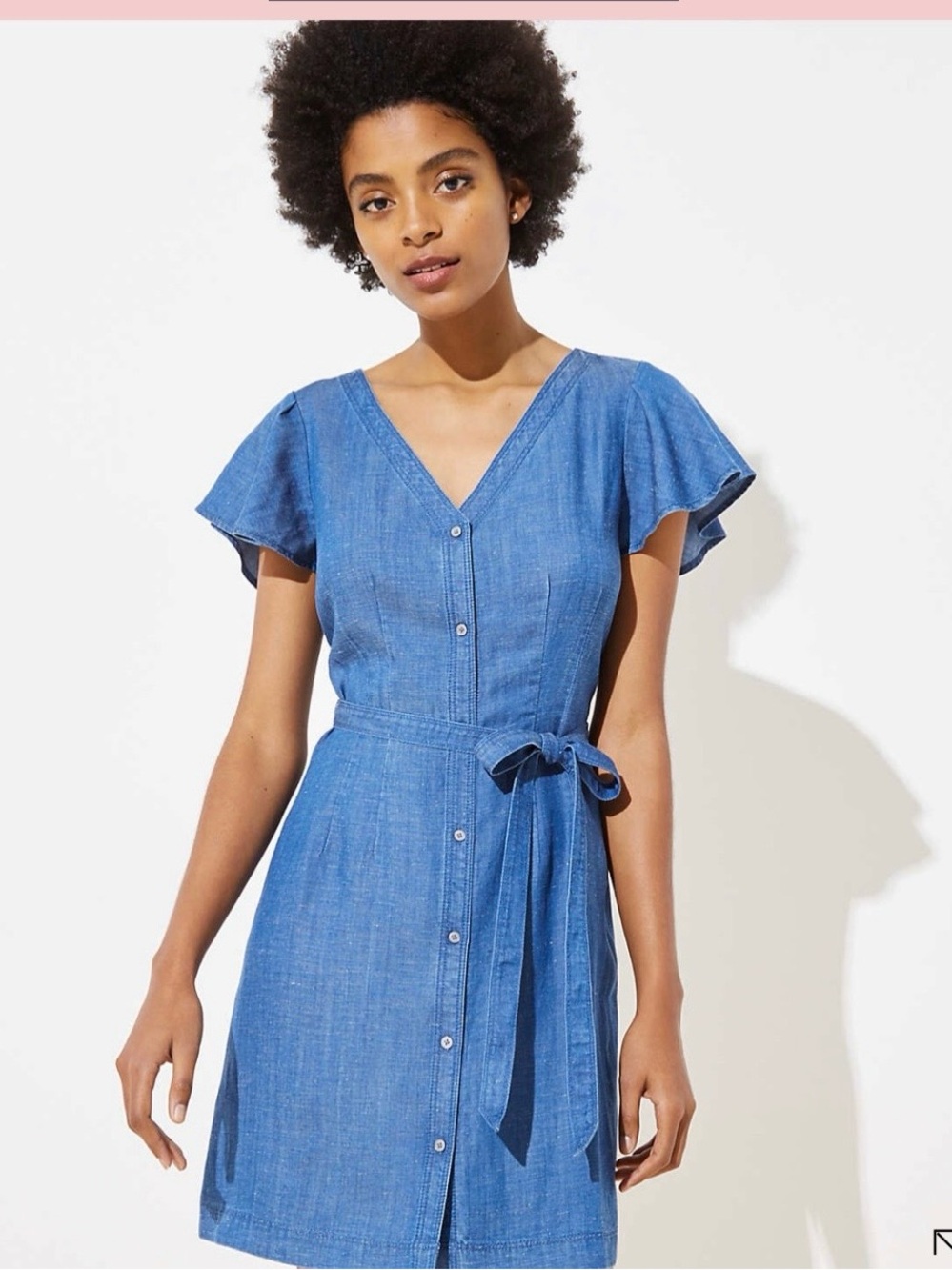 LOFT Blue Chambray Button-Front V-Neck Dress size 12